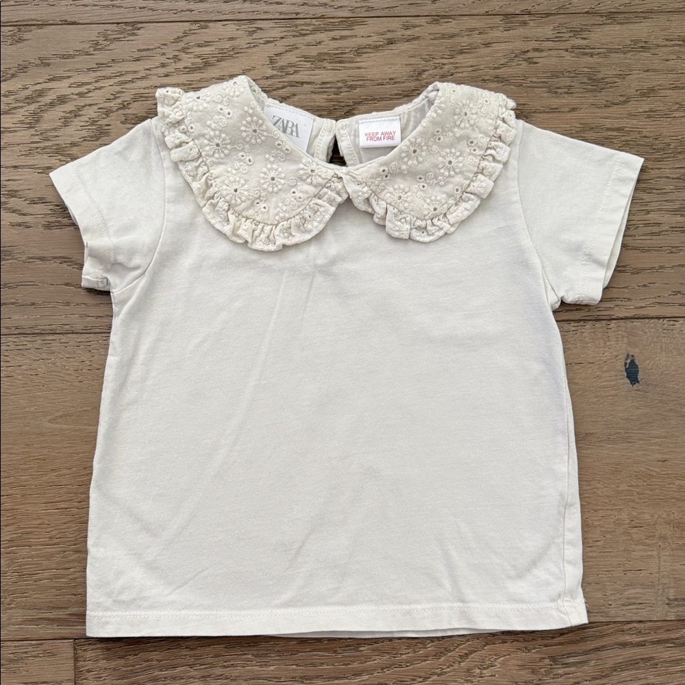 Zara Cream Short Sleeve Top with Eyelet Ruffle Collar size 12-18 months